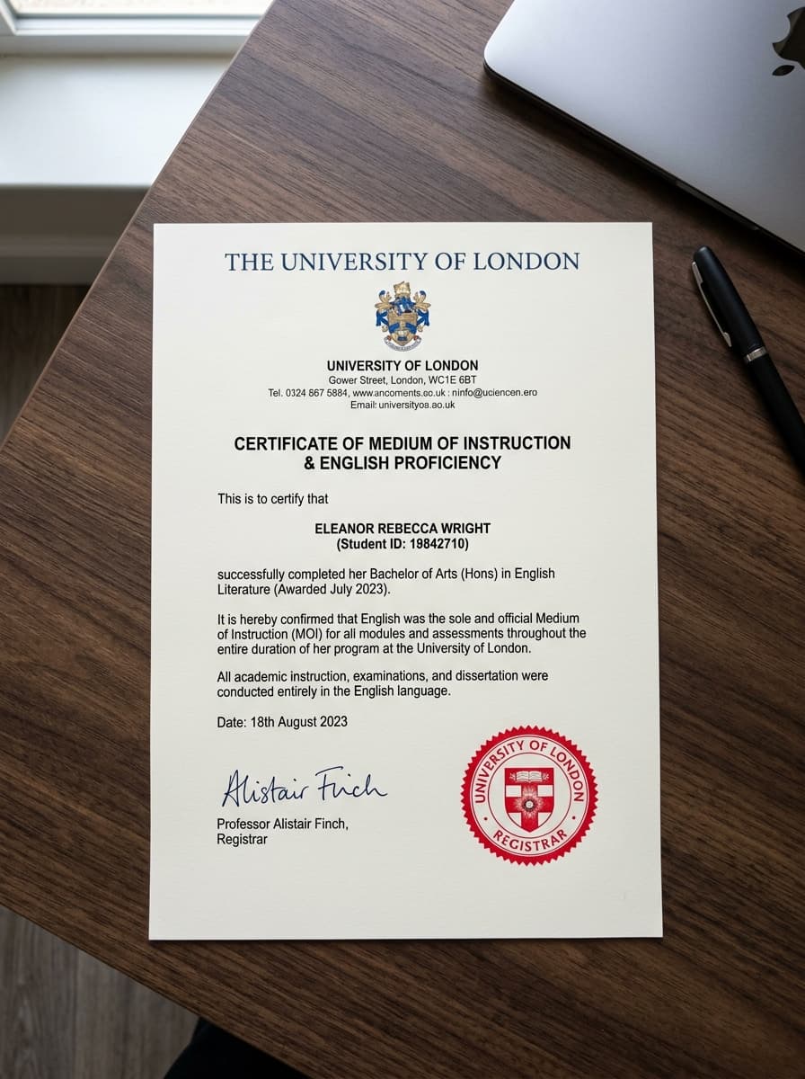 Official English Proficiency Certificate Medium of Instruction MOI on University Letterhead