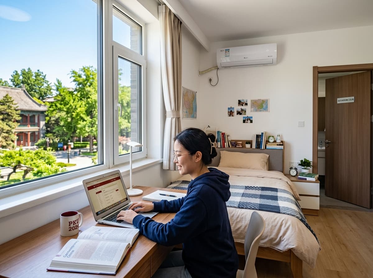 Modern on-campus international student dormitory room with desk, AC, and en-suite bathroom