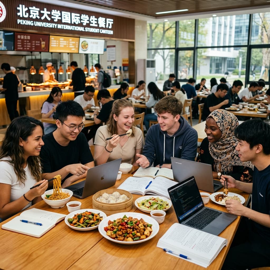 International students studying together in a modern campus library in China