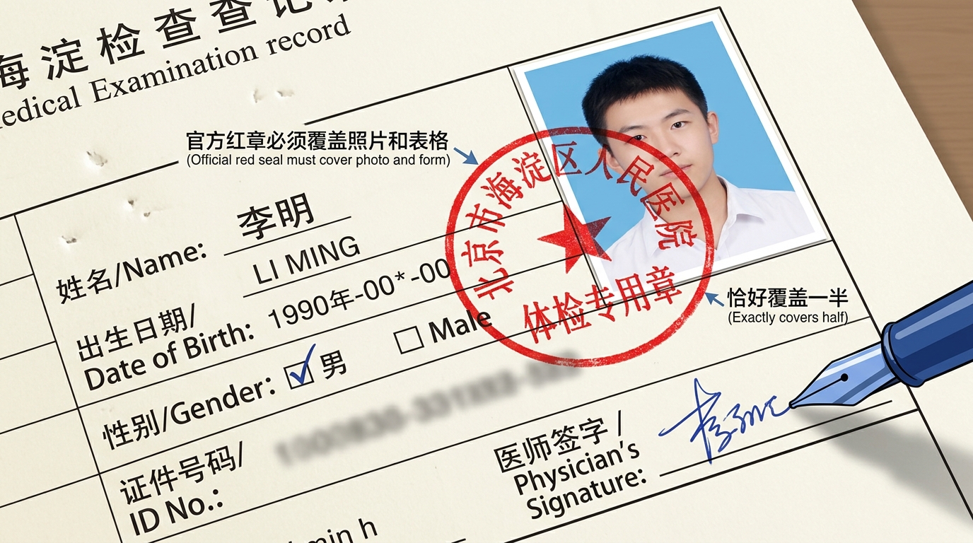 Official Hospital Round Stamp Overlapping Applicant Passport Photo on Foreigner Physical Exam Form