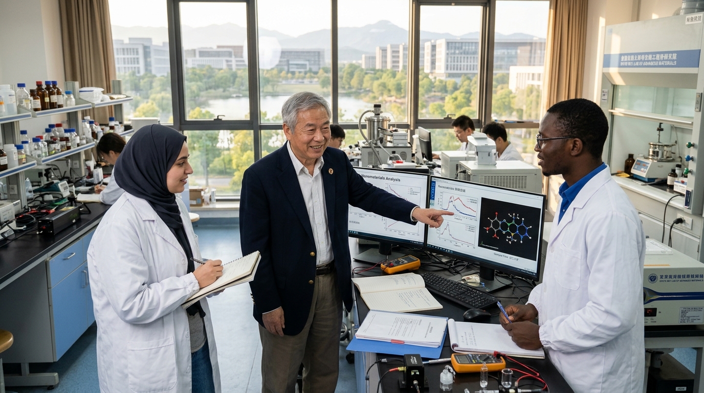 Chinese university professor mentoring international postgraduate researchers in advanced scientific laboratory