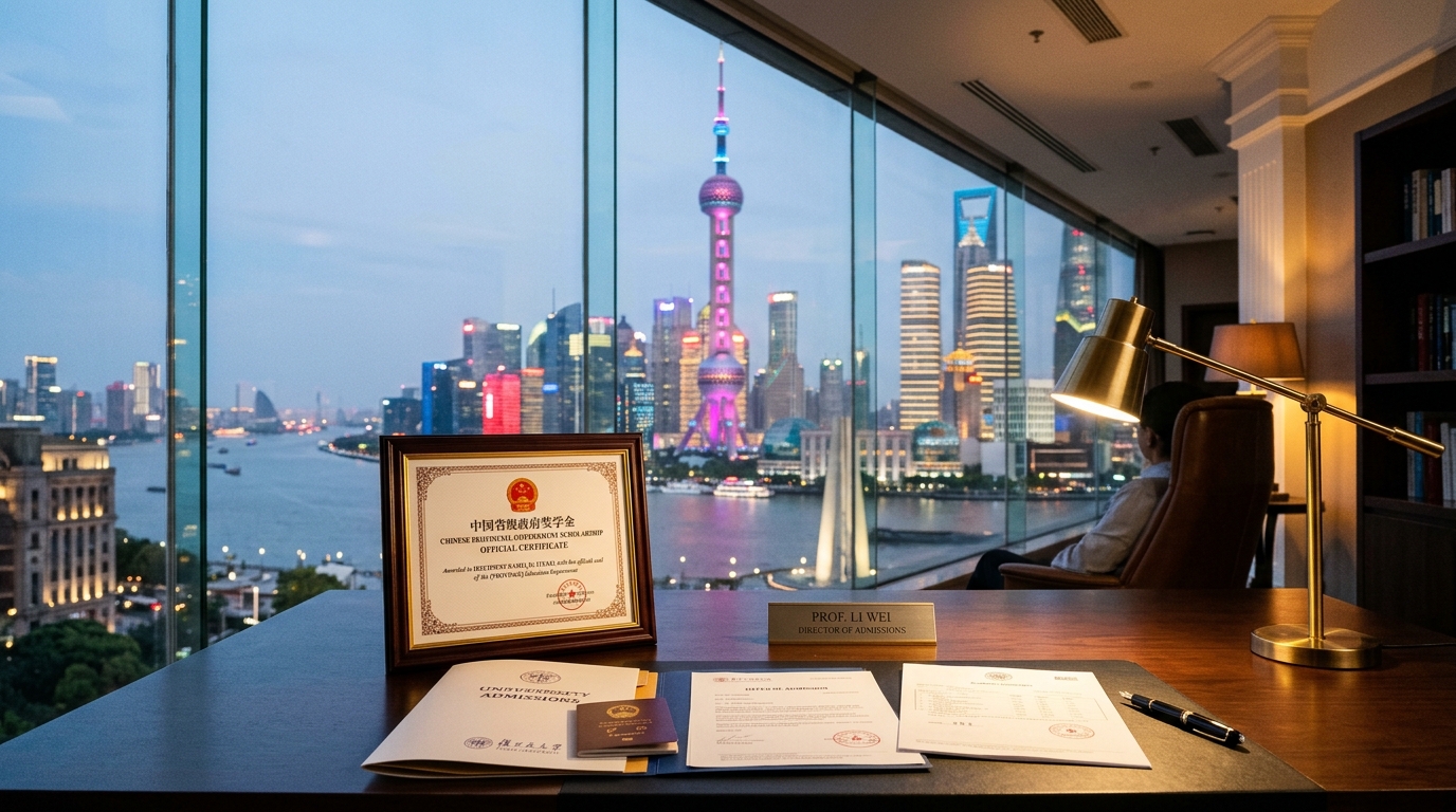 Official Chinese Provincial Government Scholarship Approval Certificate on admissions desk