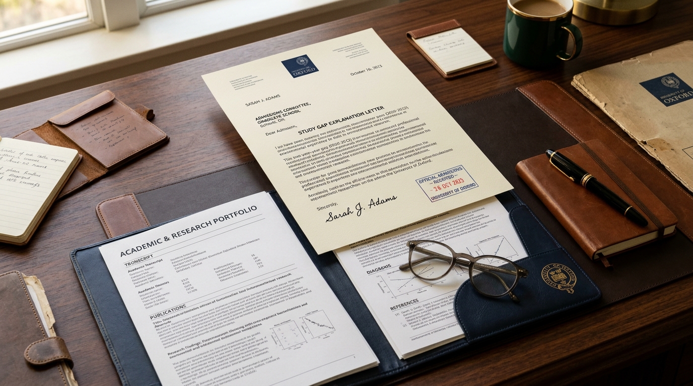 Official Study Gap Explanation Letter sample and academic research portfolio for Chinese university scholarship application